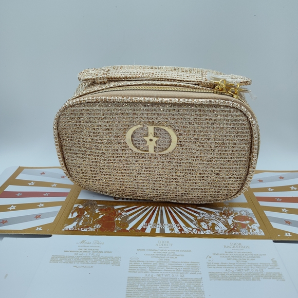Christian Dior Platinum Beauty GWP Gold Tweed Cosmetic Vanity Pouch NIB - Picture 6 of 11